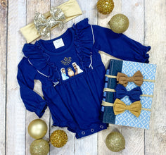 Navy Blue Nativity Scene Ruffled Infant Romper- Girls