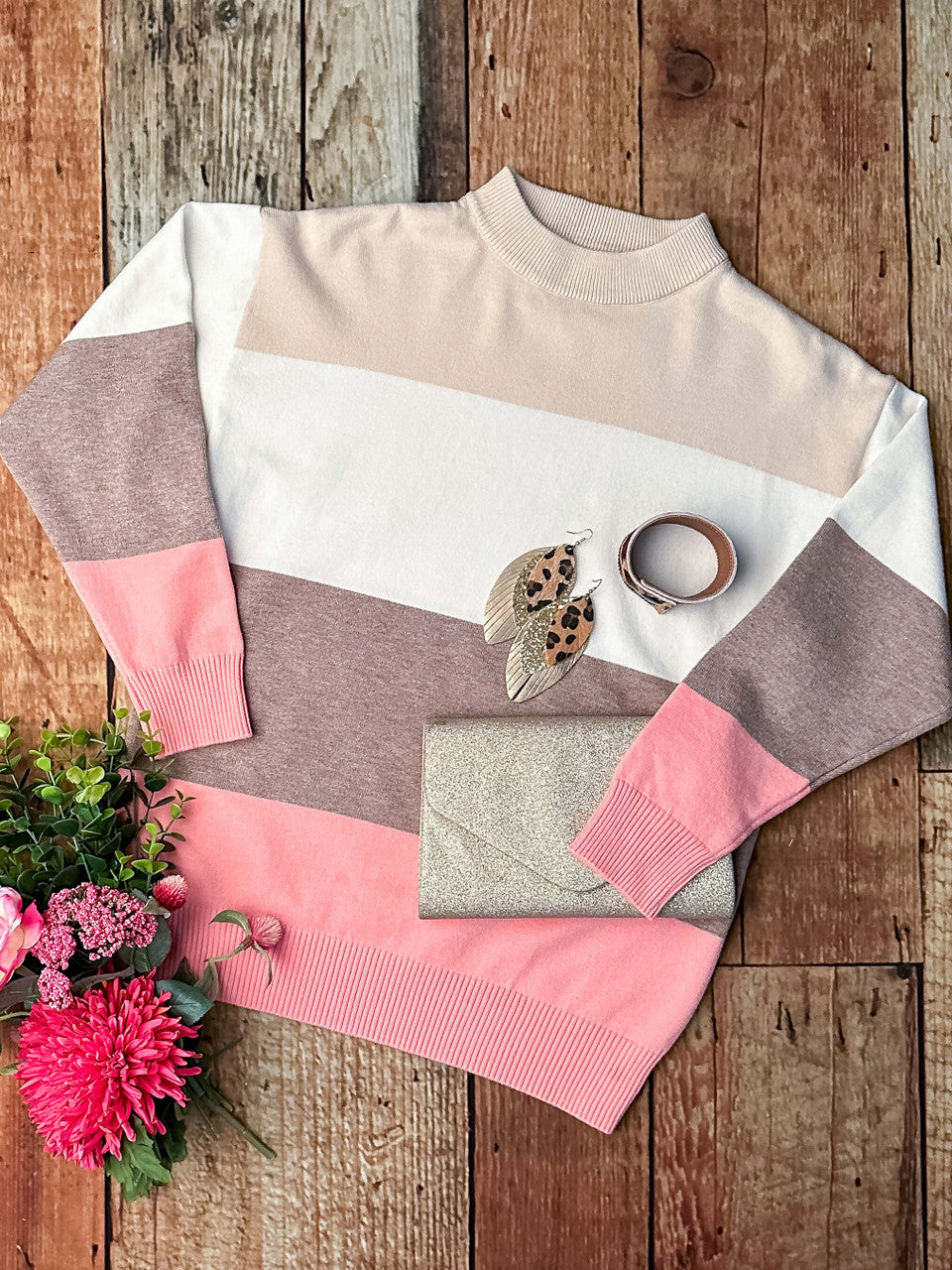 Mommy & Me  colorblock tiered sweater in pink, cream and brown - Moms