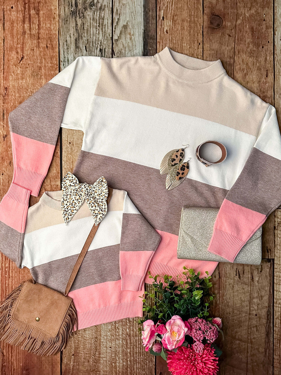 Mommy & Me  colorblock tiered sweater in pink, cream and brown
