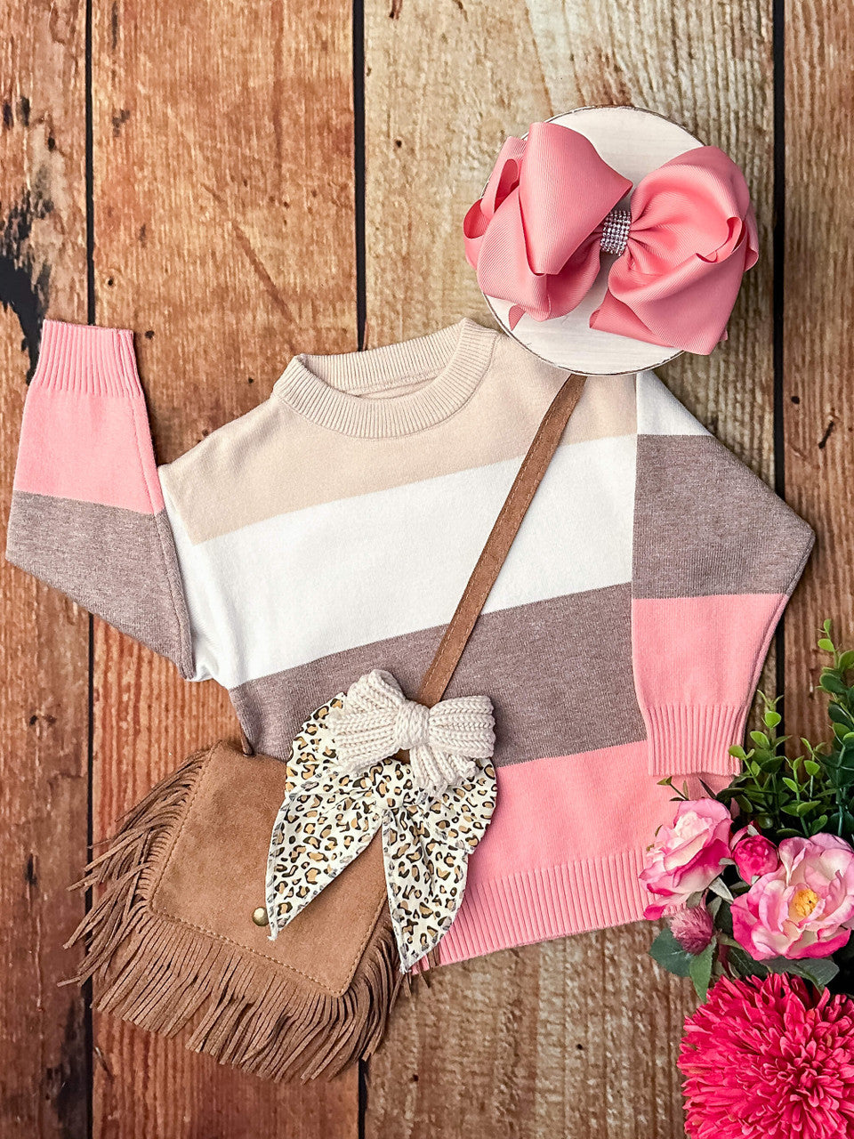 Mommy & Me  colorblock tiered sweater in pink, cream and brown - Girls