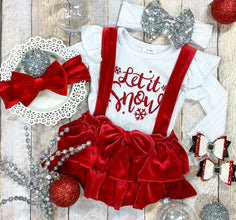 Let It Snow Red Velvet Infant Romper Shorts Set