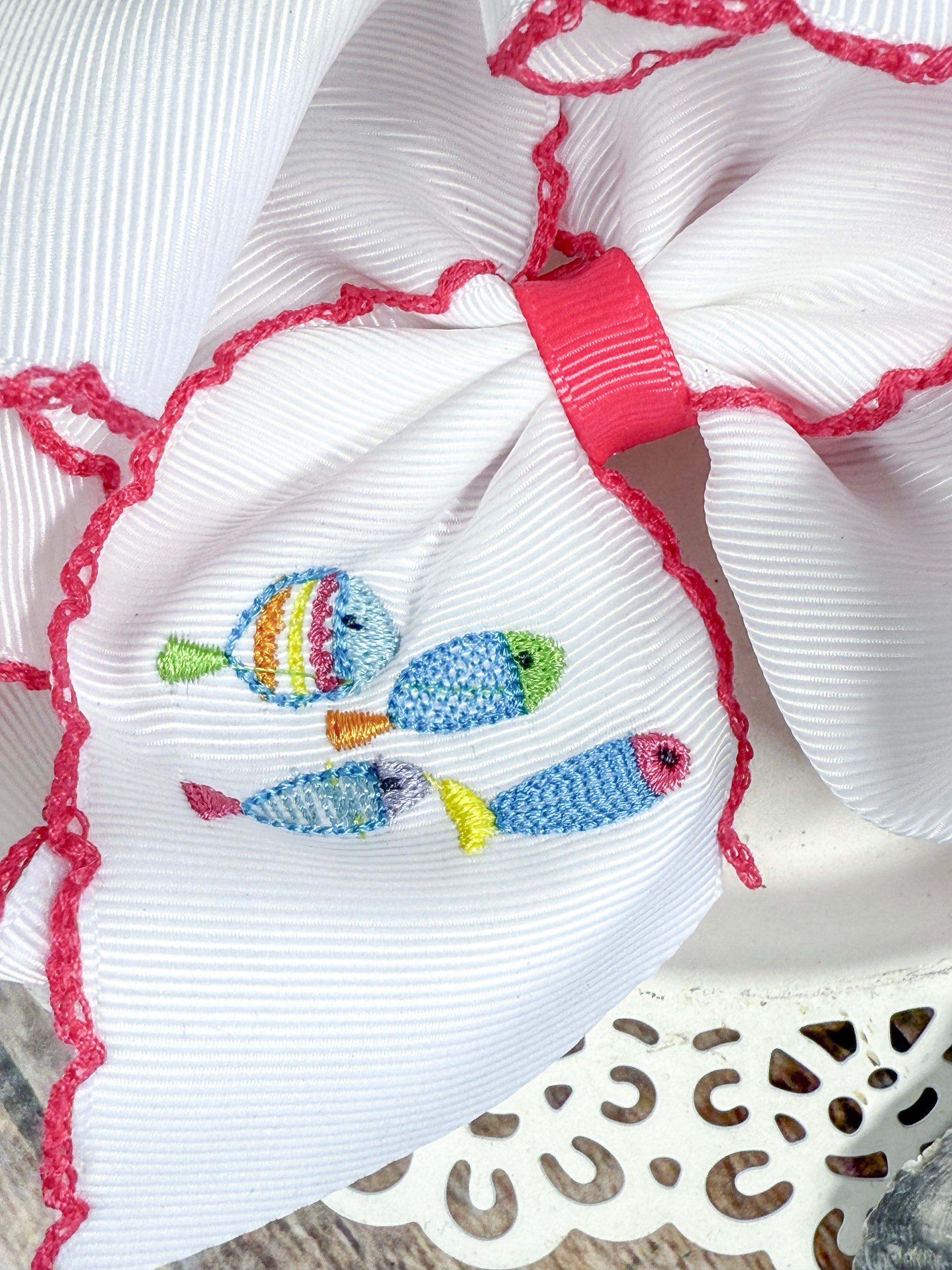 close up of the fishies embroidery