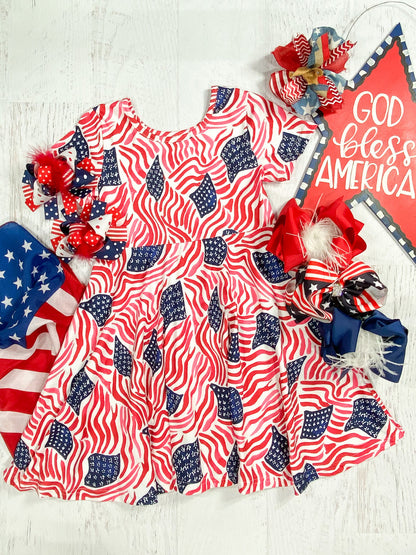 Red, White & Blue American Flags Collage Twirl Dress