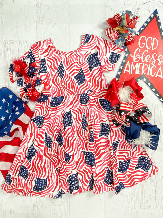 Red, White & Blue American Flags Collage Twirl Dress