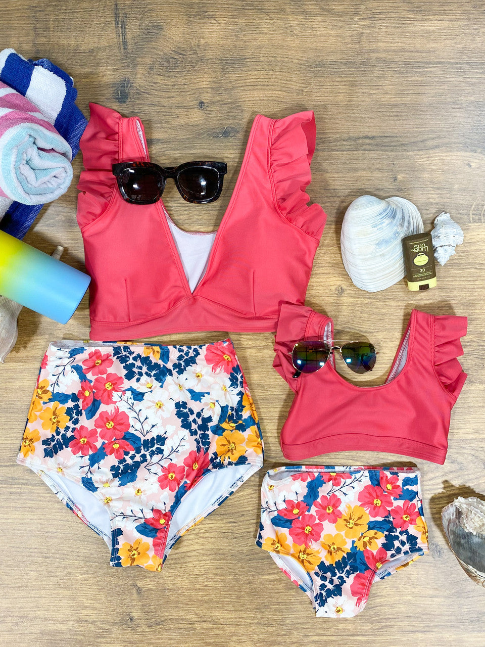 Mommy and me hot pink ruffles and flowers bikini