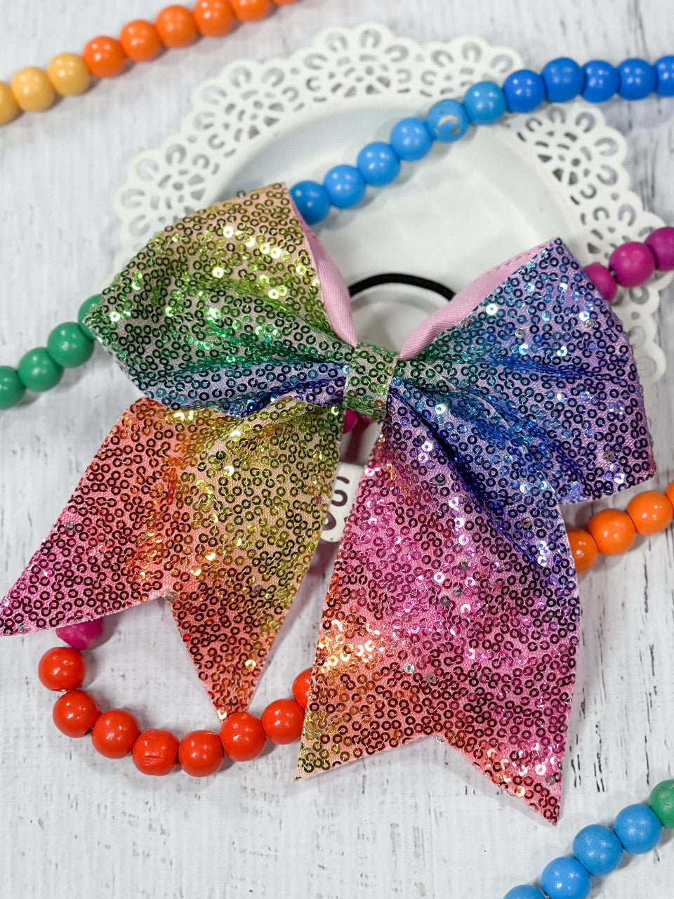 Rainbow sequin cheer bow for girls