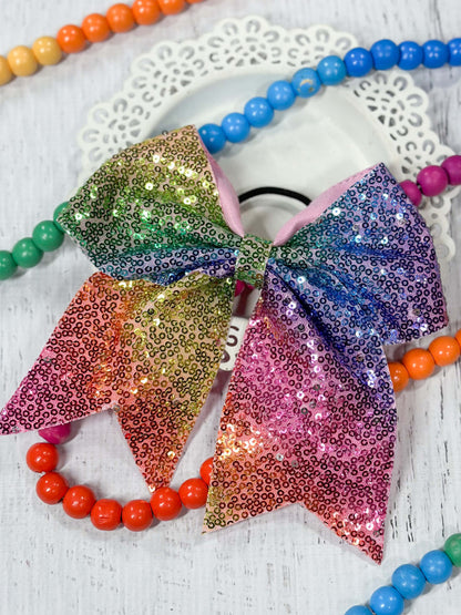Rainbow sequin cheer bow for girls