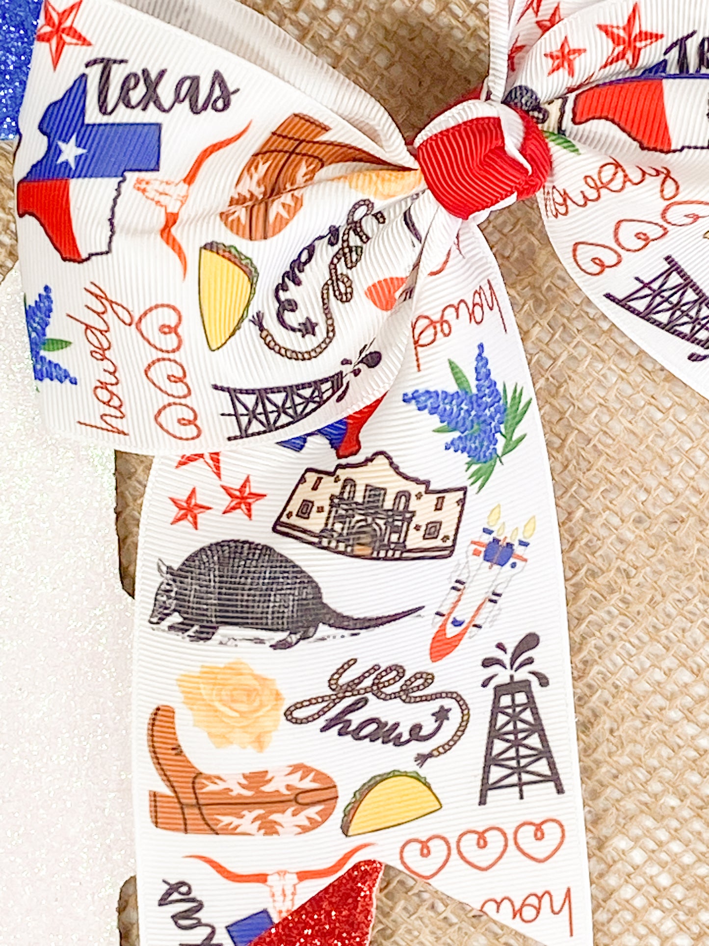 Close up of the Texas Printed Ribbon Cheer bow