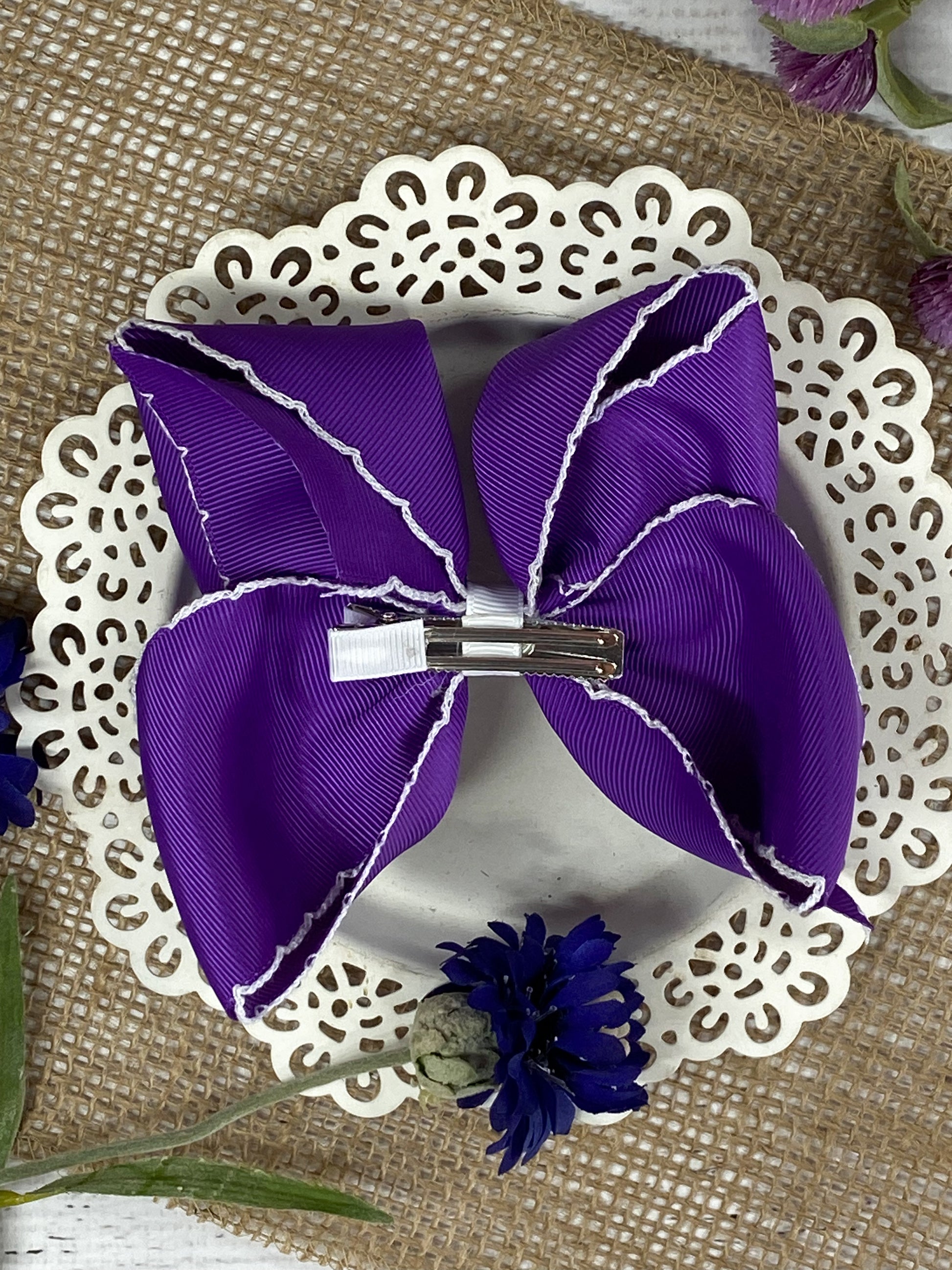 Back of the Purple with White Moonstitch Hair Bow