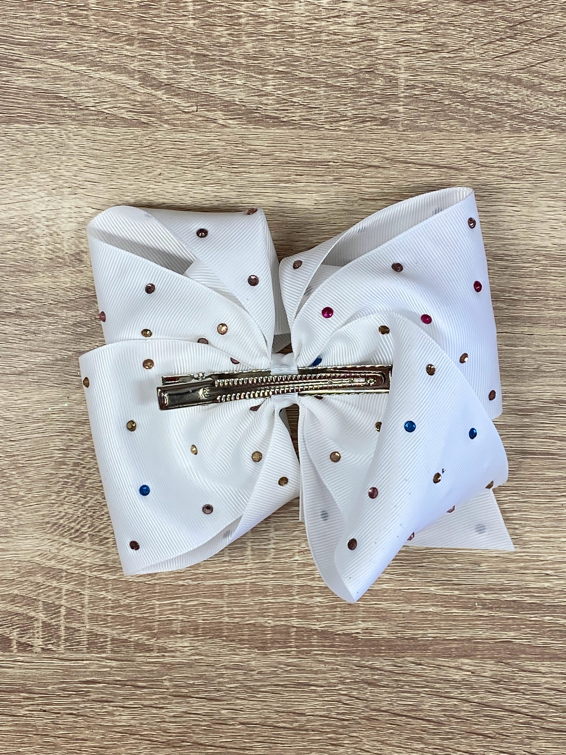 Back of the White with Rainbow Rhinestones Hair Bow