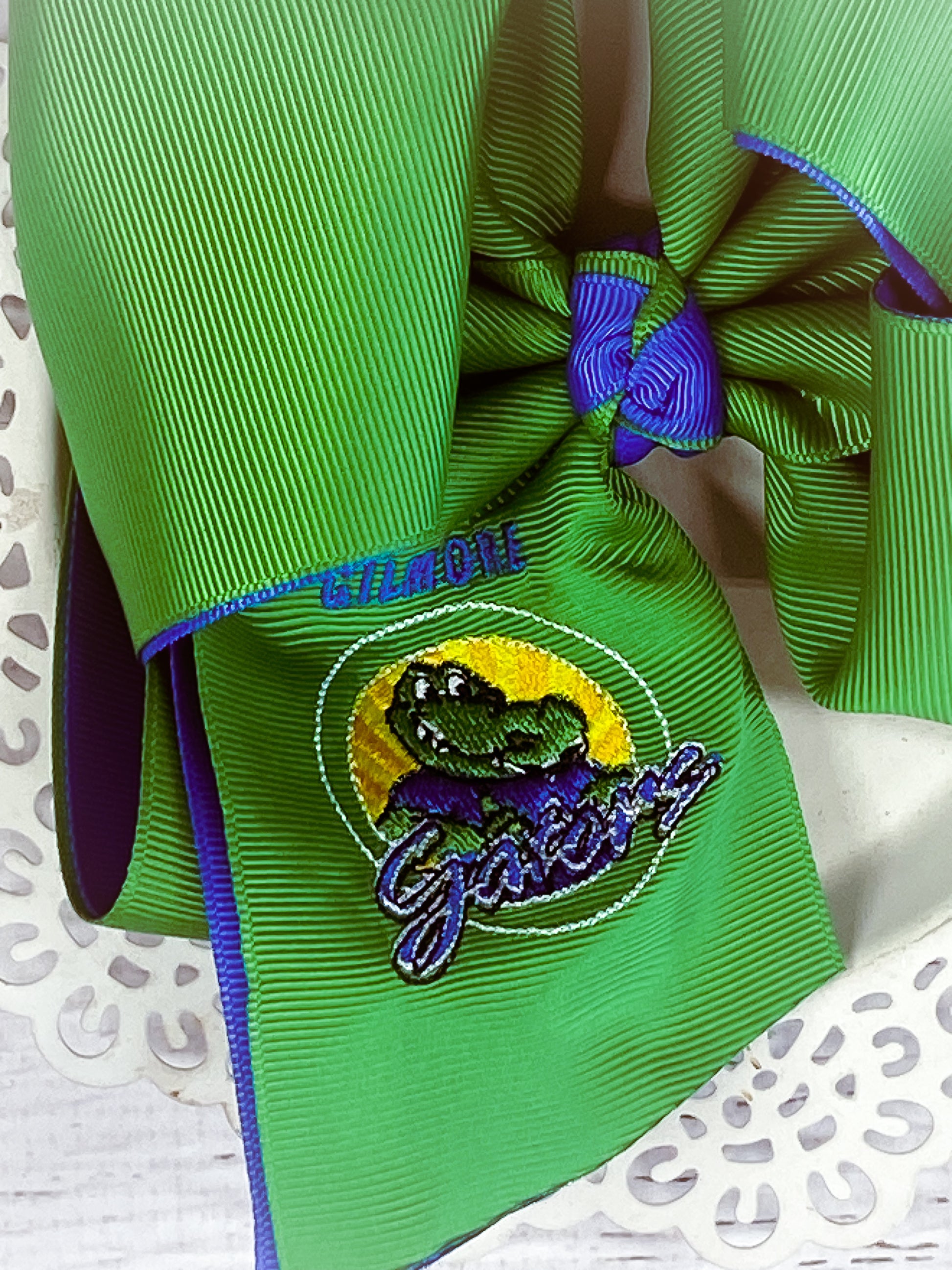 Close up Double Layer Gilmore Gators Large Hair Bow