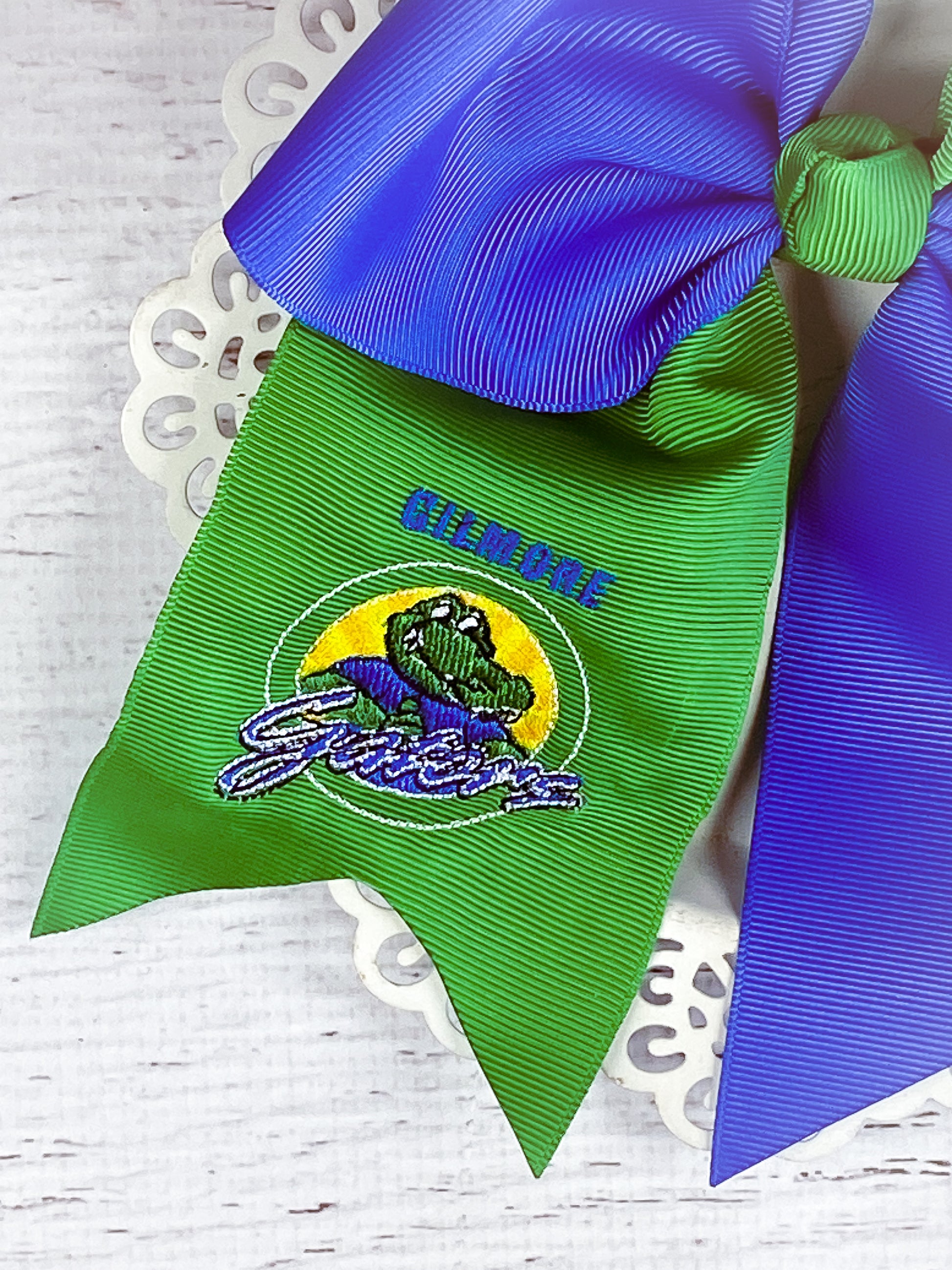 Close up Green & Blue Gilmore Gators Cheer Bow