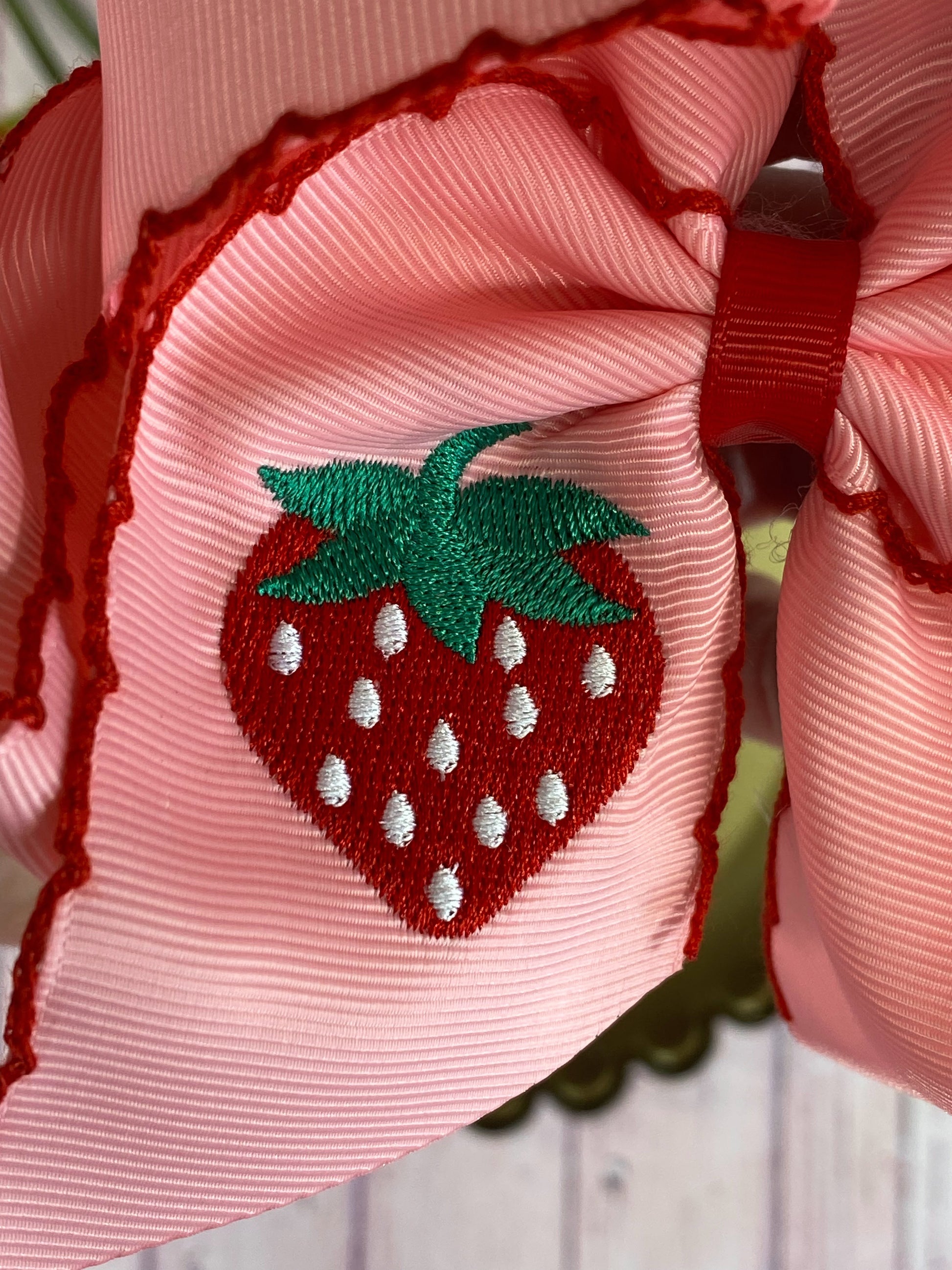 Close up Strawberry Embroidered Moonstitch Bow Headband