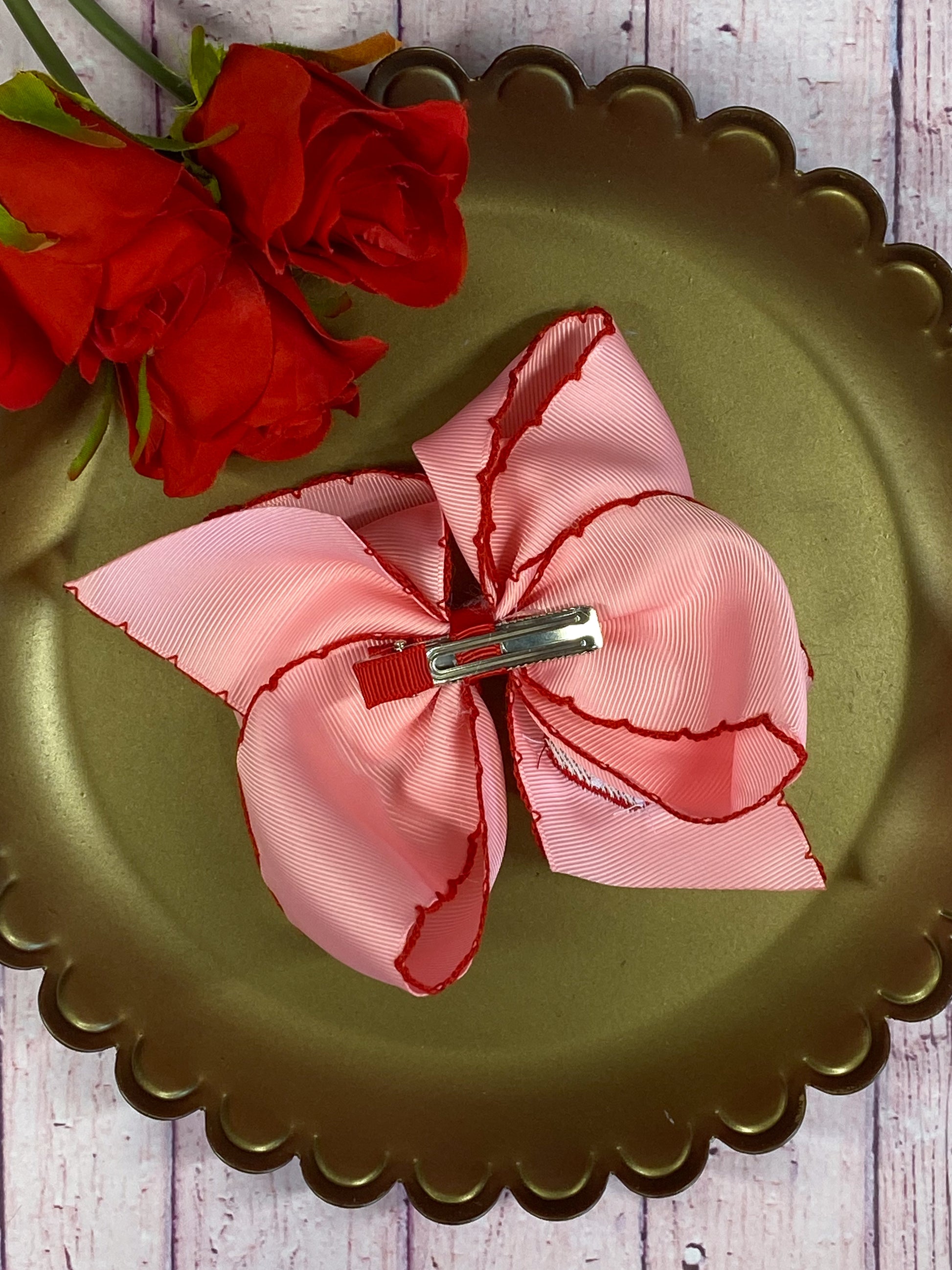 Back of the Strawberry Embroidered Moonstitch Hair Bow