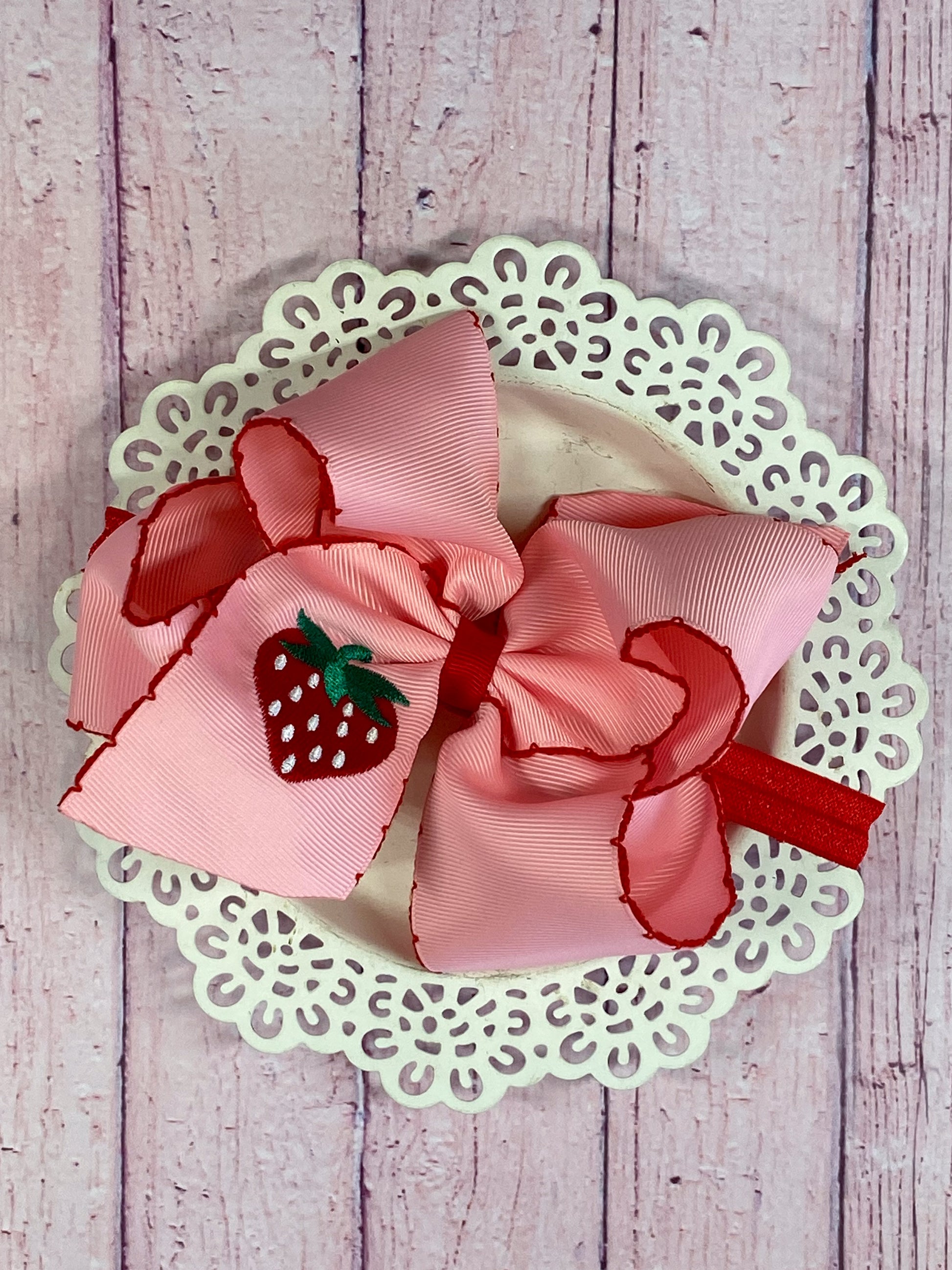 Strawberry Embroidered Moonstitch Bow Headband