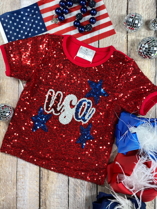 USA & Stars Red Sequin Top