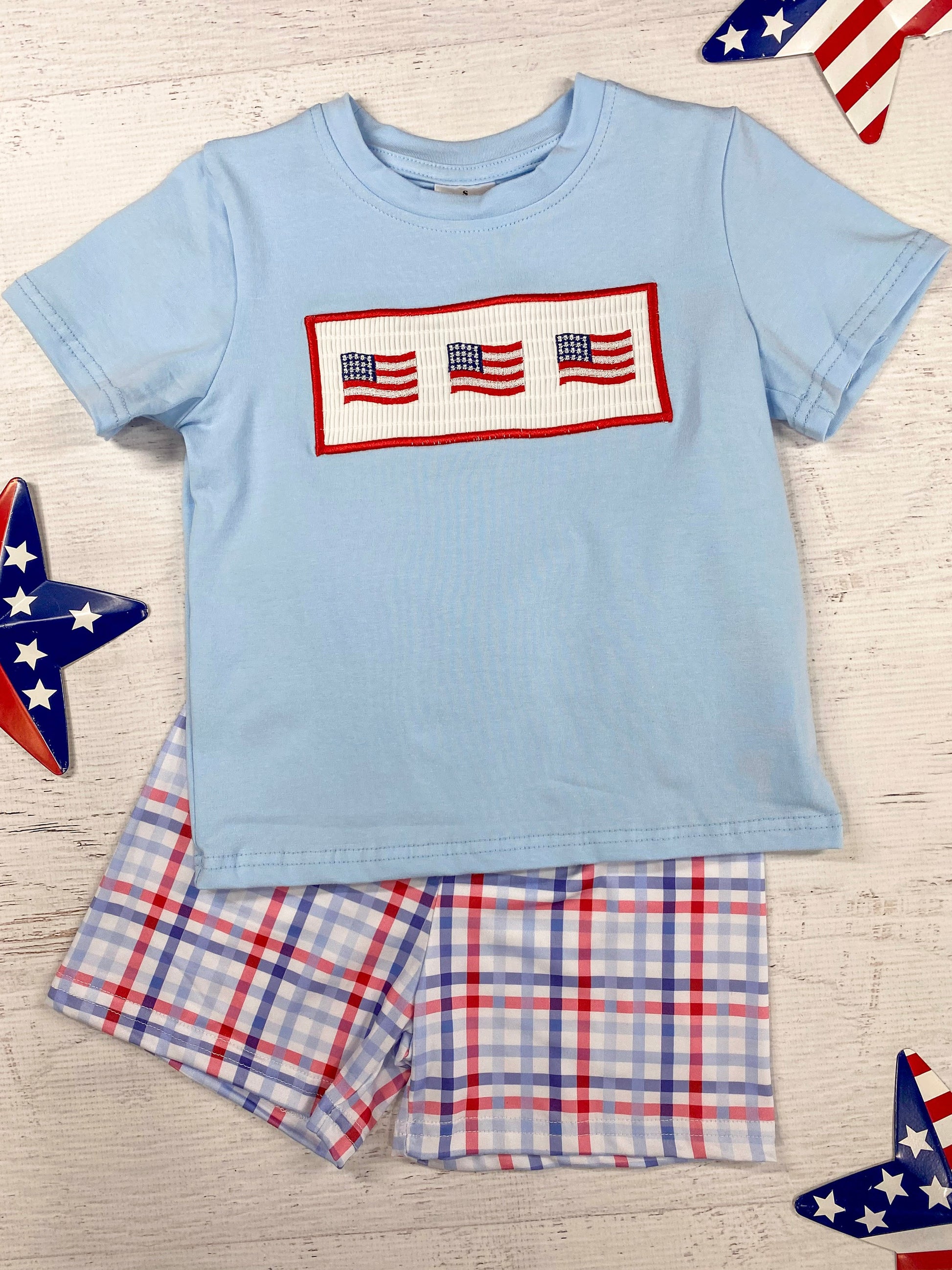 American Flags Tee and Plaid Shorts Boy's Set