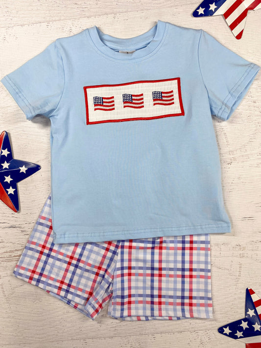 American Flags Tee and Plaid Shorts Boy's Set