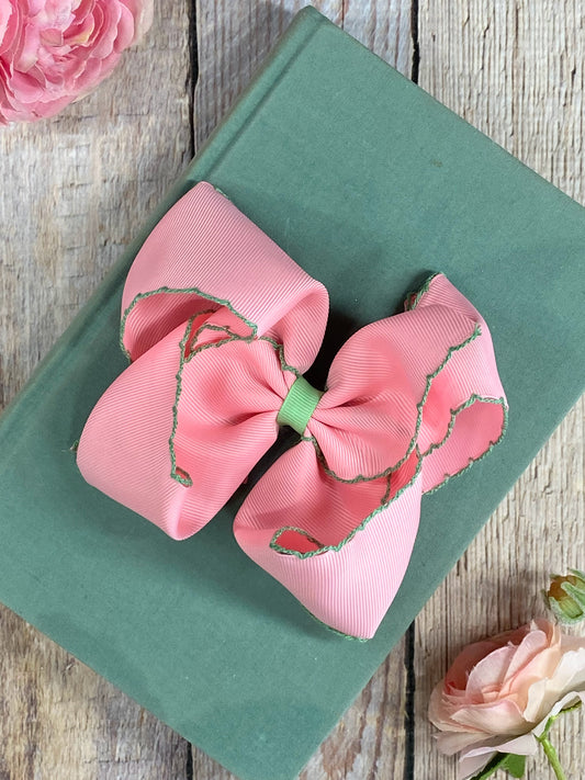Pink with Green Moonstitch Hair Bow