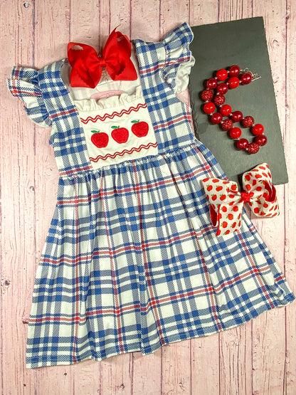 Apple Trio Embroidered Plaid Dress