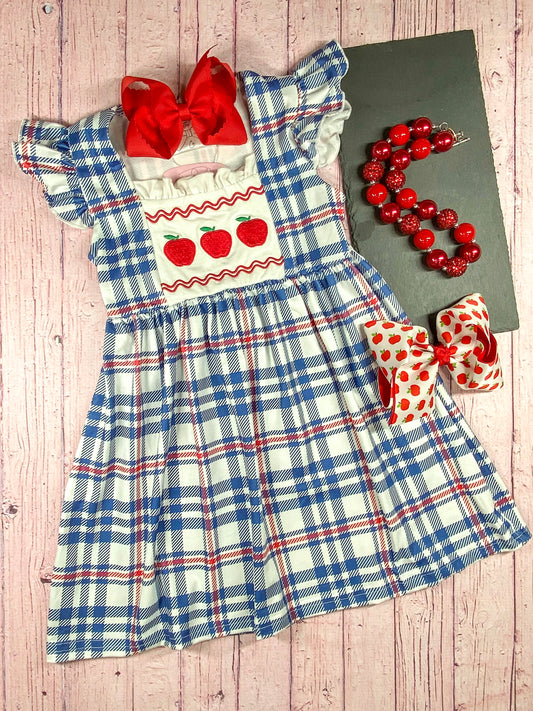 Apple Trio Embroidered Plaid Dress