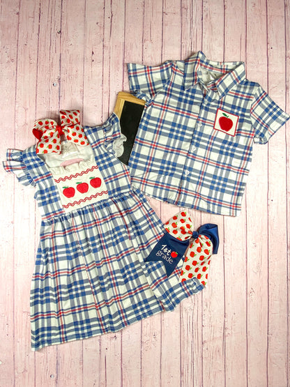 photo of the Apple Trio Embroidered Plaid Dress with the matching Apple Embroidered Plaid Boy's Collared Top