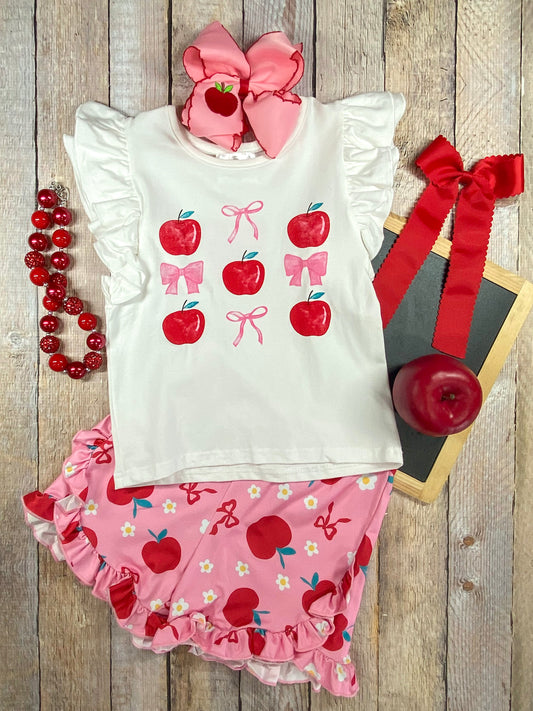 Apples & Bows Pink Ruffled Shorts Set