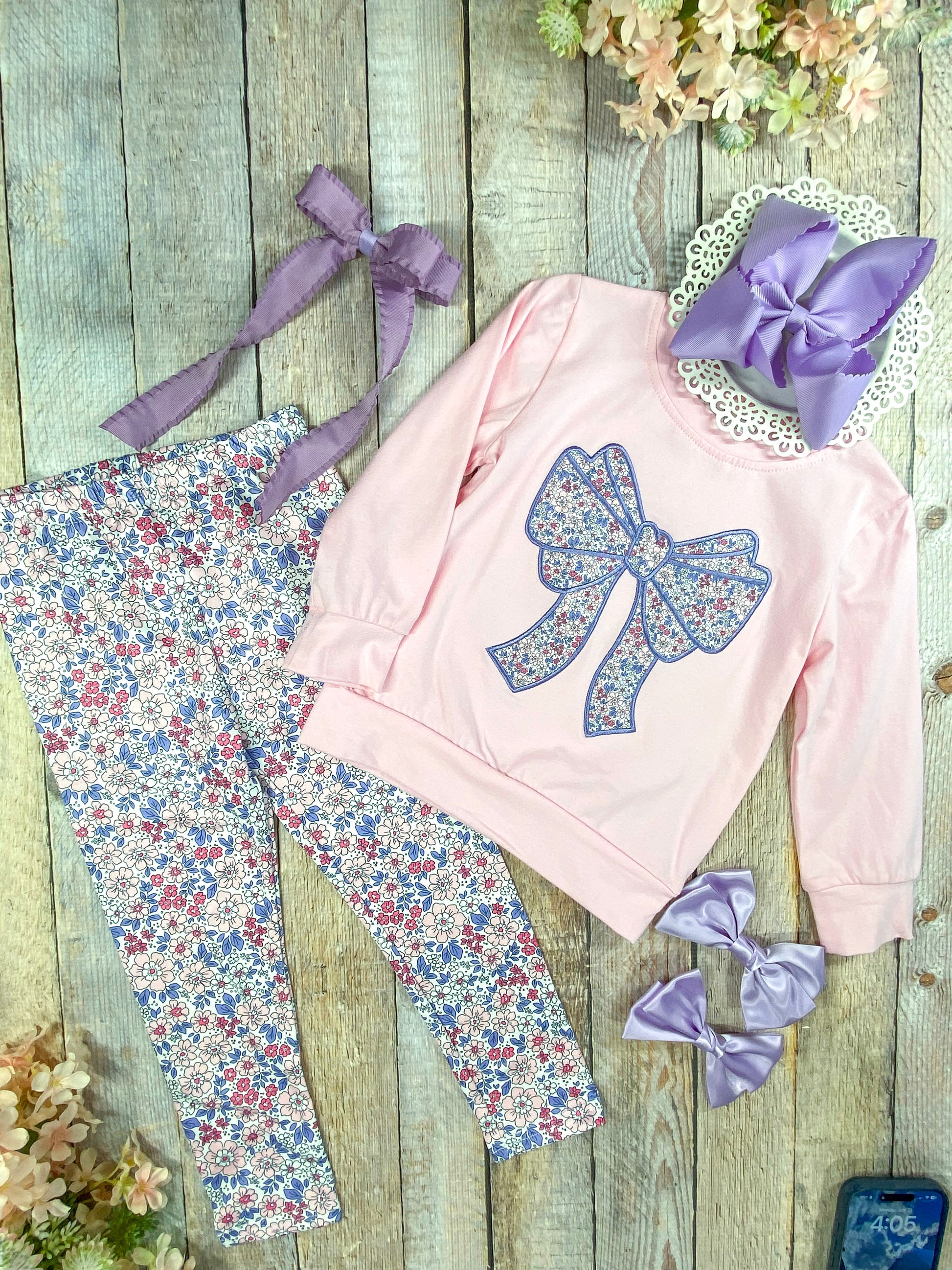 Purple Bow Applique with Floral Leggings Set