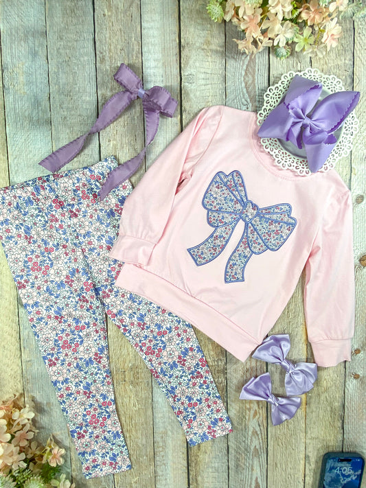 Purple Bow Applique with Floral Leggings Set