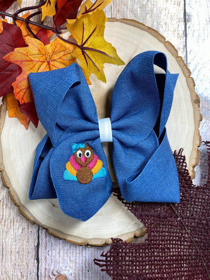 Pink Turkey Embroidery on Denim Hair Bow