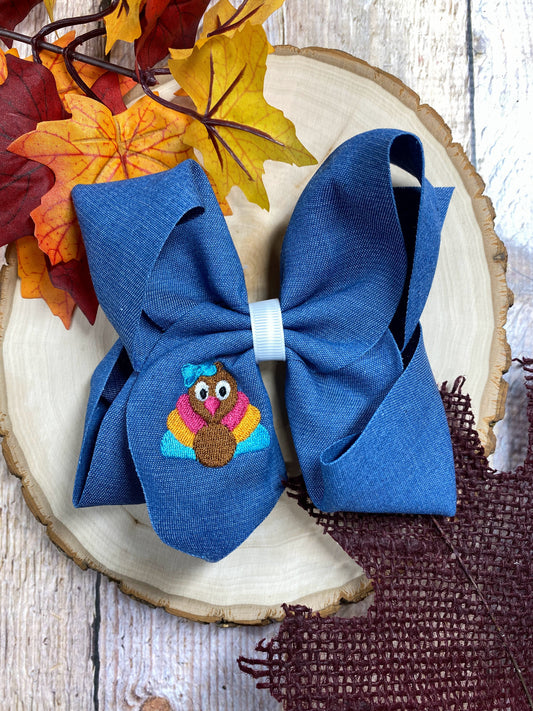 Pink Turkey Embroidery on Denim Hair Bow