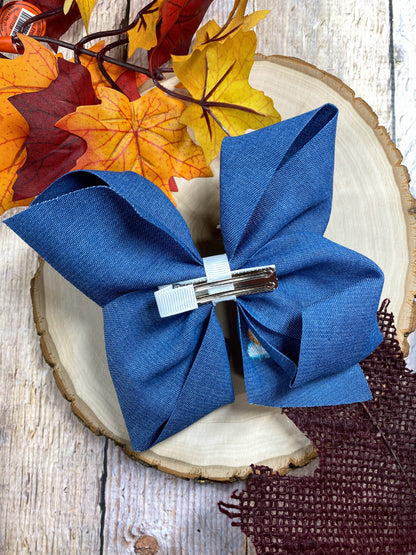 Pink Turkey Embroidery on Denim Hair Bow