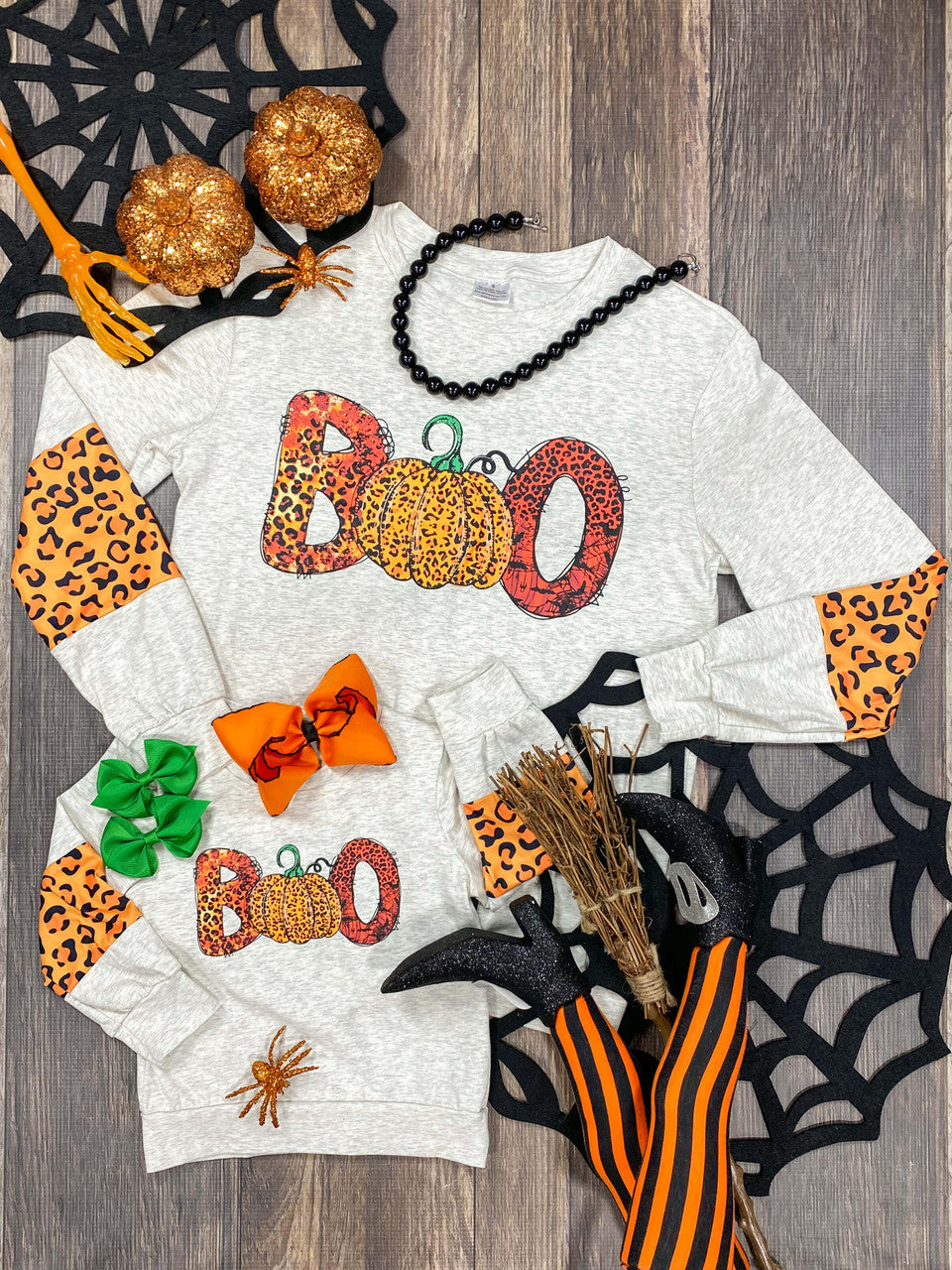 mommy and me sweatshirt with animal print boo and pumpkin
