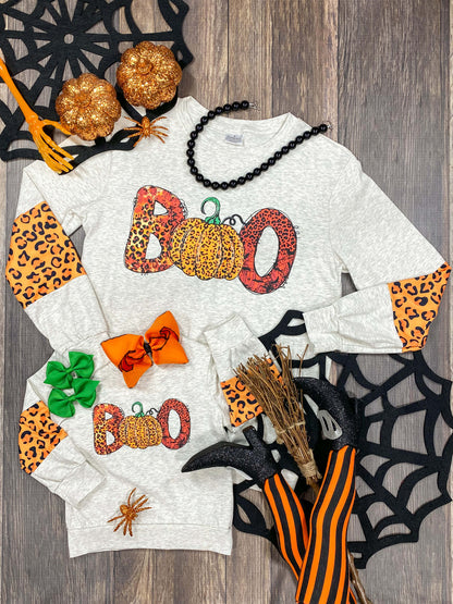 mommy and me sweatshirt with animal print boo and pumpkin