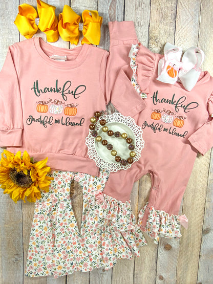 Thankful, Grateful & Blessed Infant Onesie with matching girls outfit