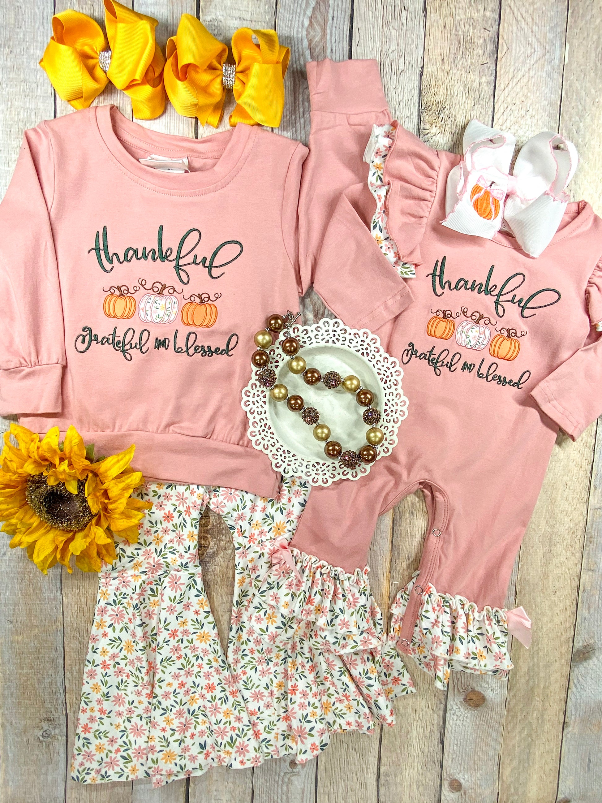 Thankful, Grateful & Blessed Bell Bottom Set with matching infant onesie