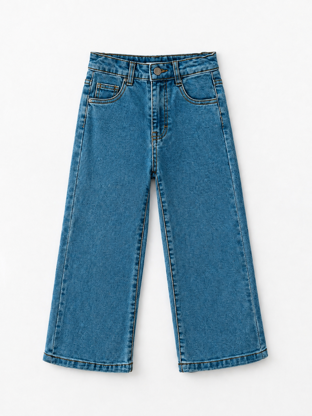 Girls medium wash wide leg denim jeans with front pockets and contrast stitching