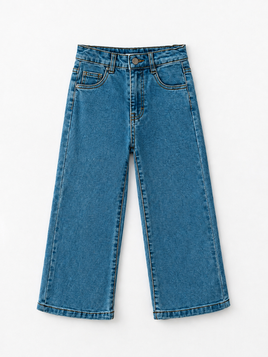 Girls medium wash wide leg denim jeans with front pockets and contrast stitching