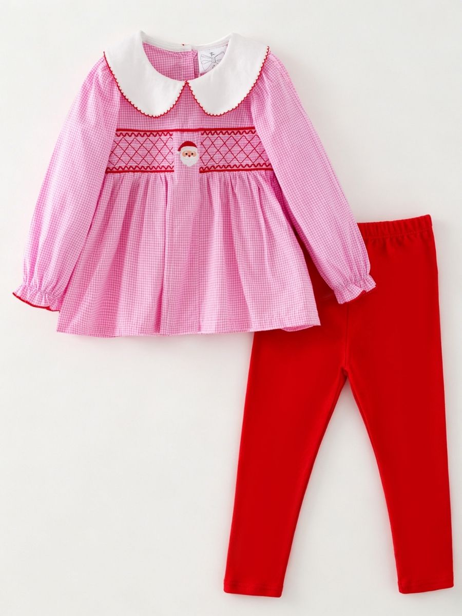 Pink gingham girls tunic set with smocked Santa and red leggings