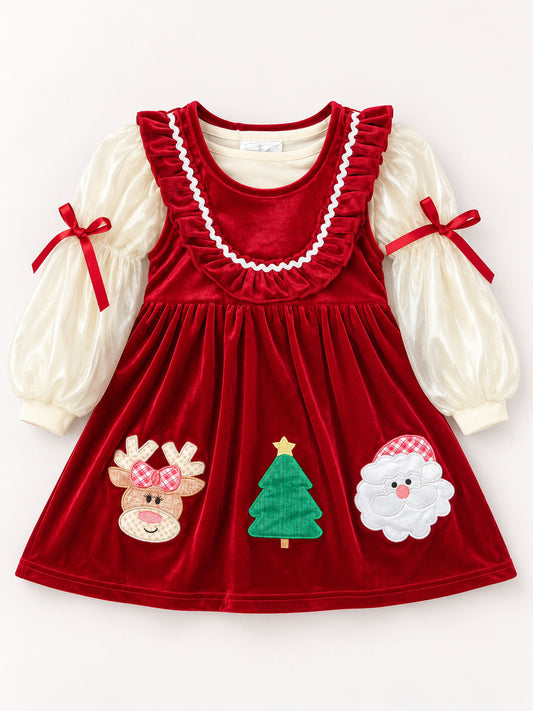 Girls red velvet Christmas dress with puff sleeves and reindeer, tree and Santa appliqués on white background