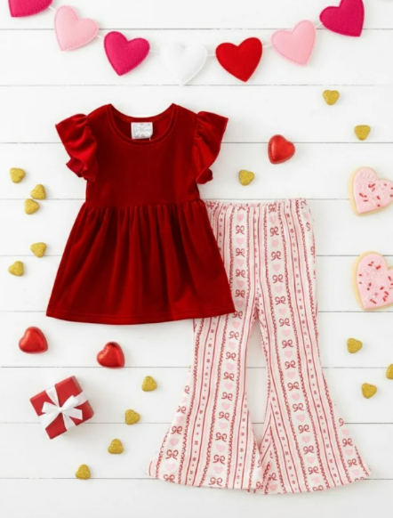 Valentine Velvet & Coquette Stripes Bell Bottoms Set