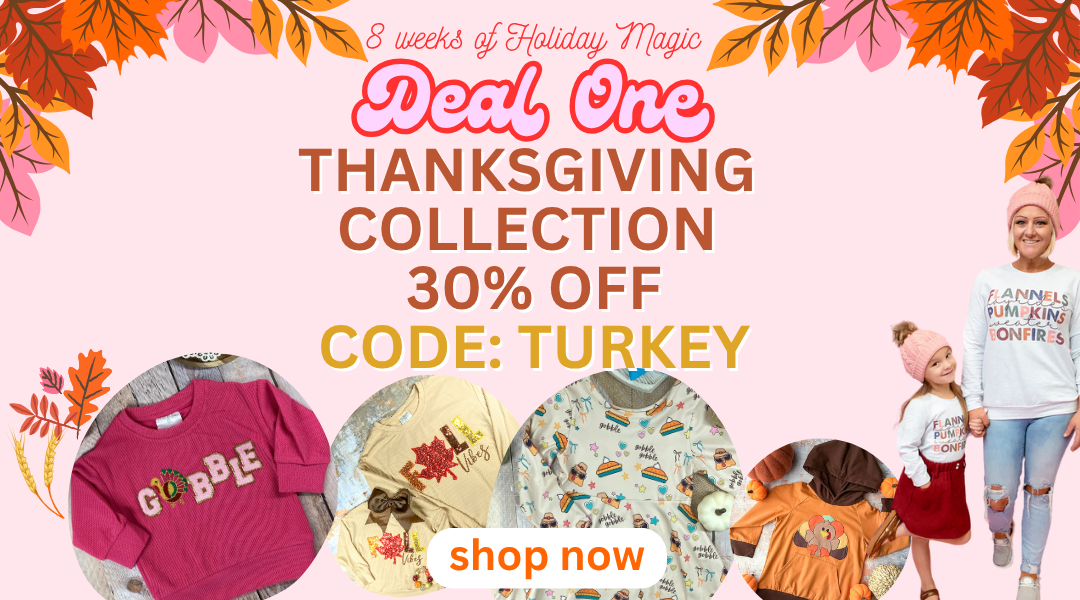 Promotional banner for a Thanksgiving collection with clothing items and a discount offer.