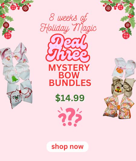 Promotional graphic for mystery bow bundles with holiday-themed bows on a pink background.
