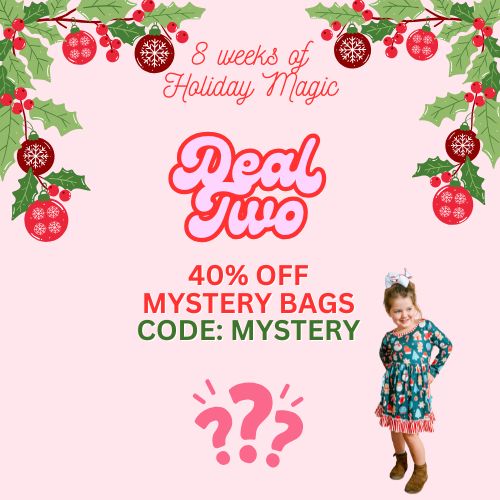 Promotional graphic for '8 weeks of Holiday Magic' with a child in a festive dress and holiday decorations.