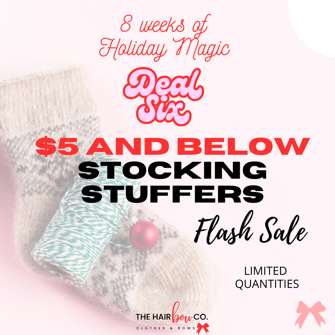 Promotional graphic for '8 weeks of Holiday Magic' featuring stocking stuffers with text and The Hair Bow Co. branding.