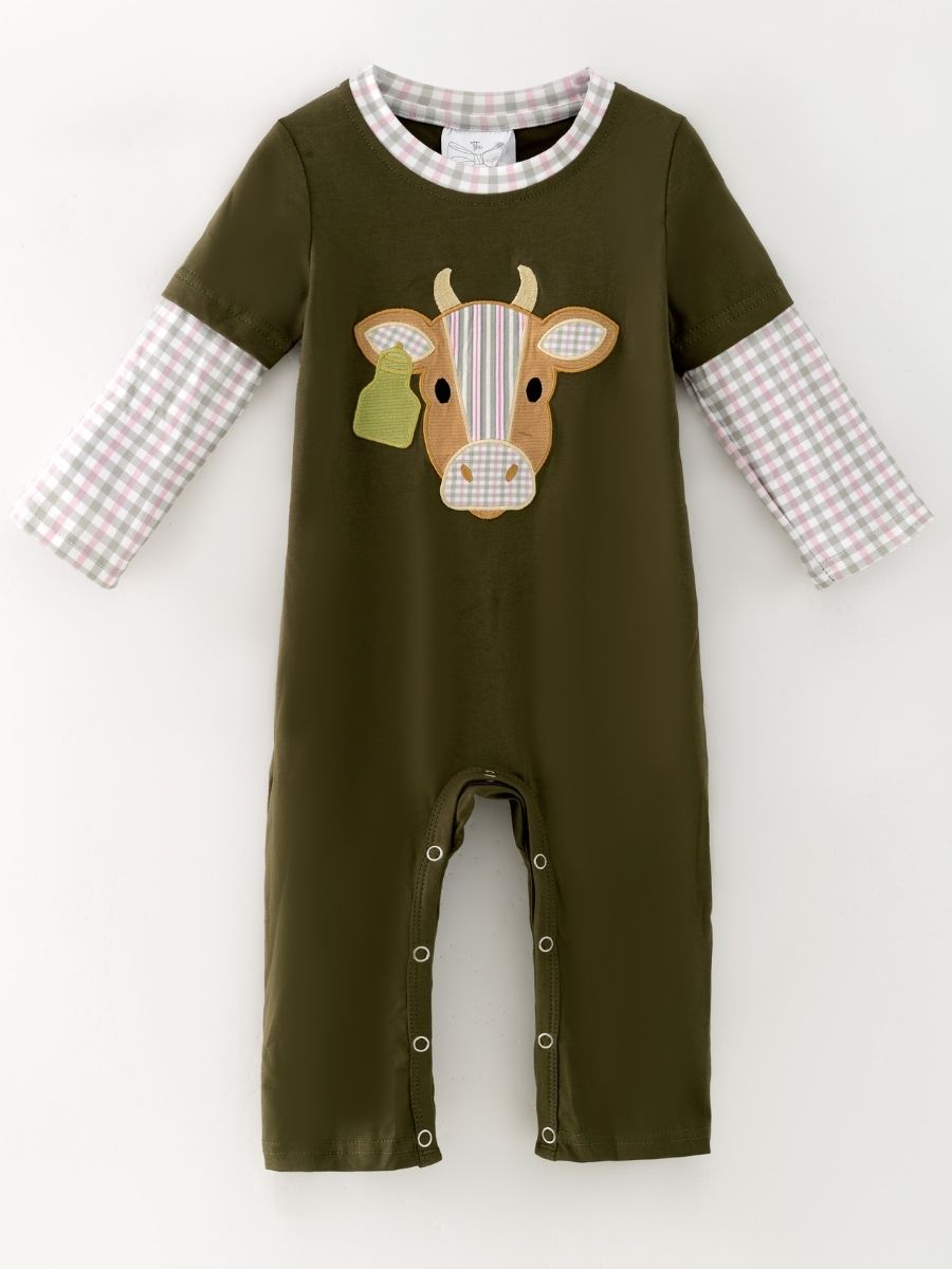 baby boy western one-piece with cow appliqué and faux gingham layered sleeves