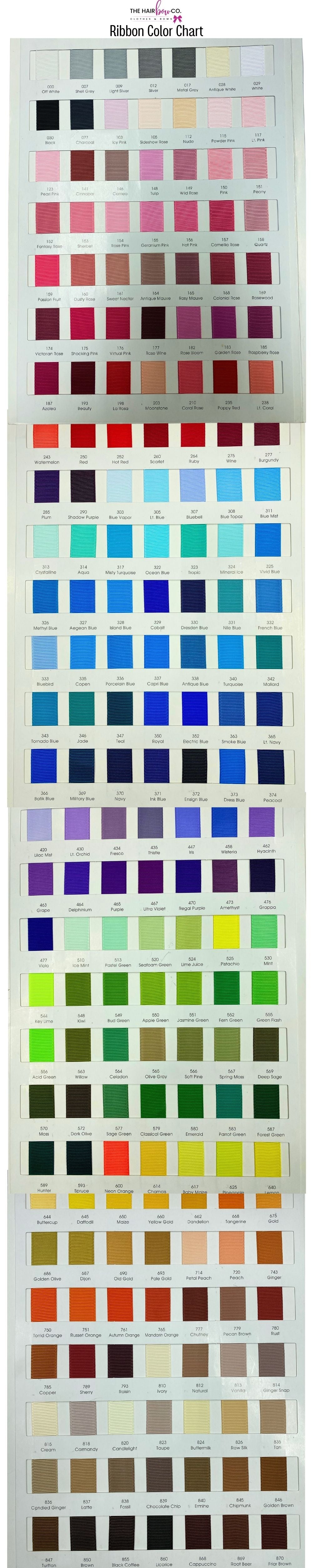 Ribbon color chart with a wide range of color swatches.
