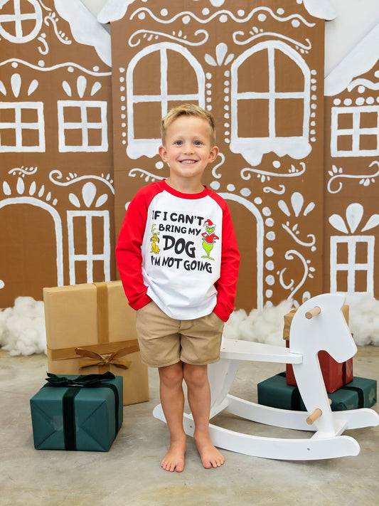 Boy wearing a Christmas raglan top with a dog graphic