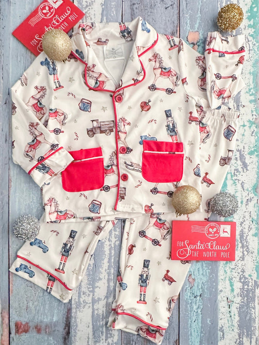 Boys pajamas with rocking horses and nutcrackers