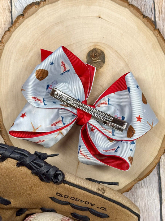 Back view of All-Star double layer hair bow showing red grosgrain backing - Alternative view